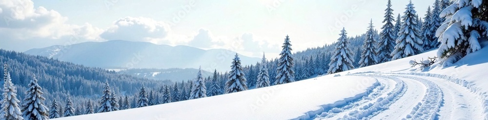 Snowy slope with bare trees and distant pine forest, pine, frozen, landscape Snowy slope with bare trees and distant pine forest, pine, frozen, landscape