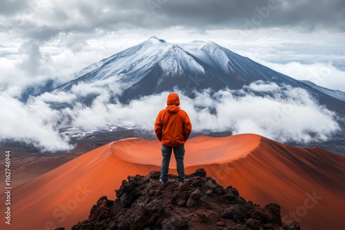 A solitary hiker standing on a mountain peak, gazing out over endless clouds and rugged terrain