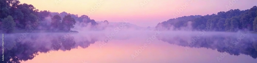 Fototapeta premium Soft lavender mist rises from a serene lake at dawn, hazy, color blend