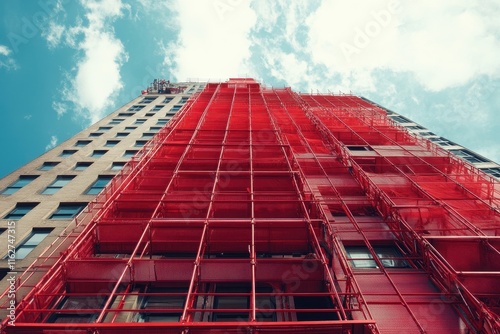 Scaffolding painted in bright red wraps around a tall building under construction. The sky above is clear with scattered clouds, showcasing a busy urban environment.