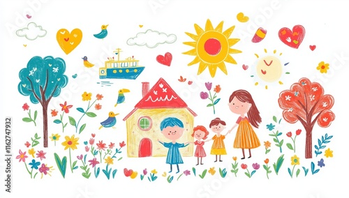 Naive children's drawing with colored chalk on white paper, made by hand by the child. A family of four holding hands and smiling at each other in front of their house, next to flowers, trees, sun.