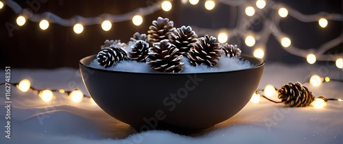 Frosted pinecones arranged in a bowl under the soft glow of string lights with delicate snowflakes drifting in the background