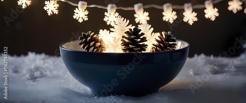 Frosted pinecones arranged in a bowl under the soft glow of string lights with delicate snowflakes drifting in the background