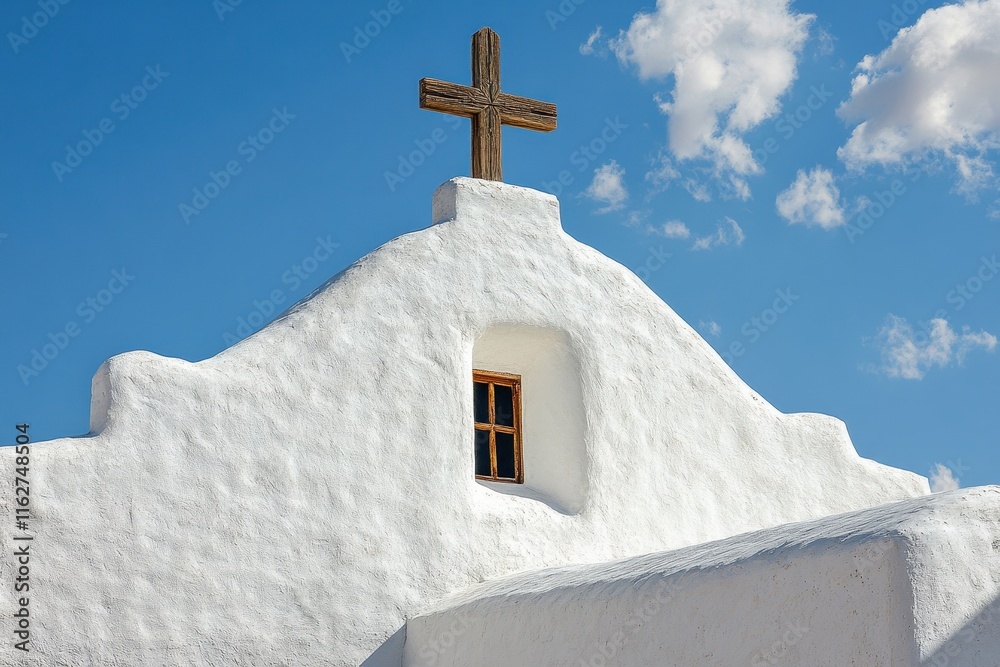 A historic whitewashed church features a wooden cross on its roof under a vibrant blue sky. The architectural details highlight the cultural heritage of the region. A historic whitewashed church features a wooden cross on its roof under a vibrant blue sky. The architectural details highlight the cultural heritage of the region.