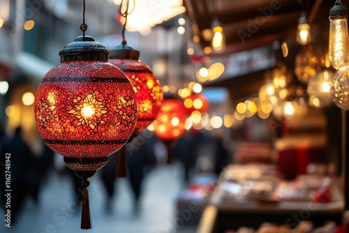 A vibrant marketplace during Eid preparations, with families shopping for gifts and decorations photo