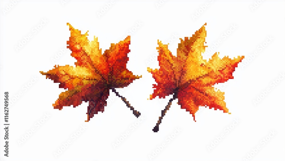Fototapeta premium pixel art of two autumn maple leaves on a white background, high resolution, high detail, high quality, high sharpness, hyperrealistic, hyper-detailed.