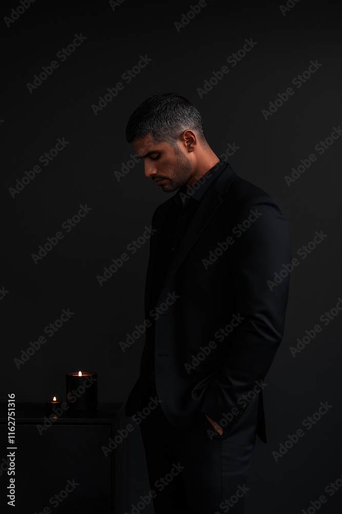Man in black attire stands quietly in a dimly lit setting, reflecting on personal thoughts and emotions during a contemplative moment Man in black attire stands quietly in a dimly lit setting, reflecting on personal thoughts and emotions during a contemplative moment