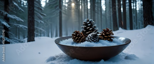 Frosted pinecones arranged in a bowl on a snow dusted forest trail with delicate snowflakes drifting in the background