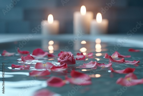 A luxurious bath scene with rose petals and essential oils floating on the water, candles flickering softly in the background,copy space background photo