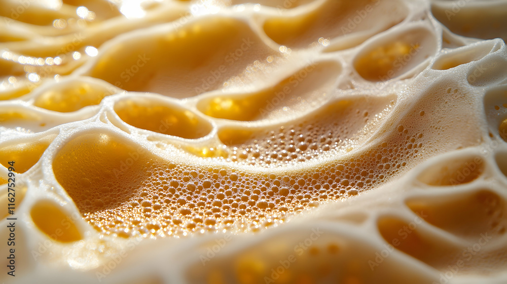 Close-up of beer foam with intricate texture and light reflections. Close-up of beer foam with intricate texture and light reflections.