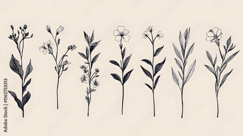 Naklejka premium Seven Monochrome Botanical Illustrations of Flowers and Leaves