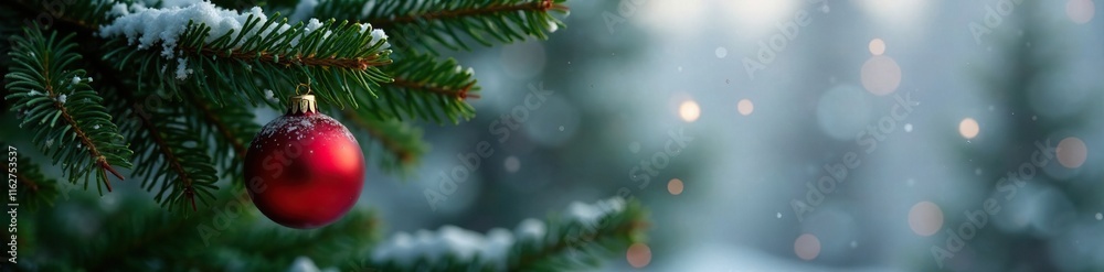 Obraz premium A single red ornament on a branch of evergreen tree, red, snowflakes, evergreen