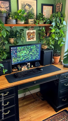 Desk setup in a plant-filled home office featuring a computer and wooden furniture during the day