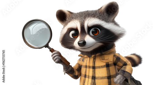 Cute raccoon holding a magnifying glass, playful illustration for kids and educational materials photo