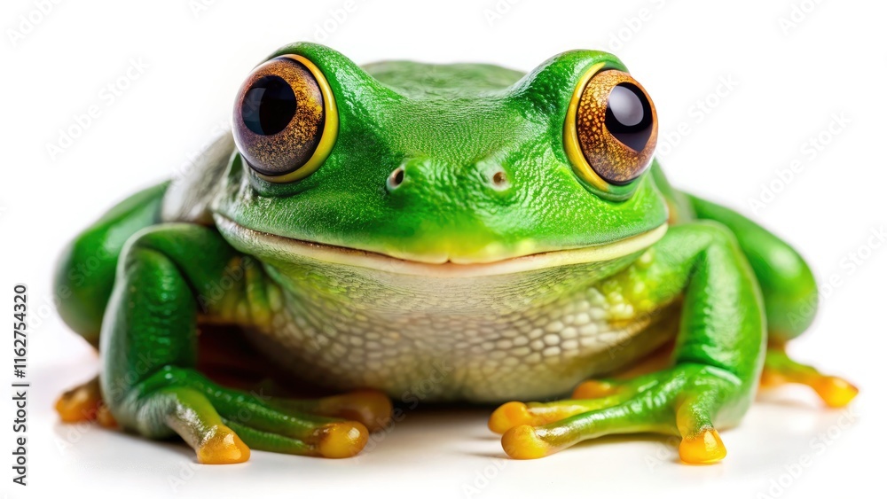 Obraz premium Stunning Green Tree Frog Isolated on White Background - Nature Photography, Amphibian, Wildlife, Macro, Animal Portrait, Bright Colors, Natural