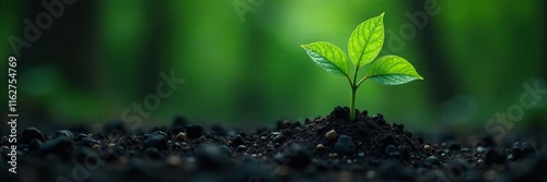 Dark charcoal with green sapling growing out of it, natural growth, forest