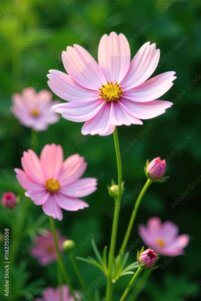 Delicate white cosmos flower with pink hues against a lush green background, pink cosmos, pink and white flowers Delicate white cosmos flower with pink hues against a lush green background, pink cosmos, pink and white flowers