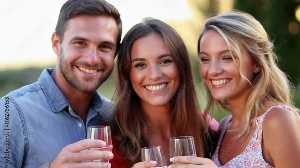 Three Happy Friends Toasting Together Outdoors. Video. horizontal. Three Happy Friends Toasting Together Outdoors. Video. horizontal.