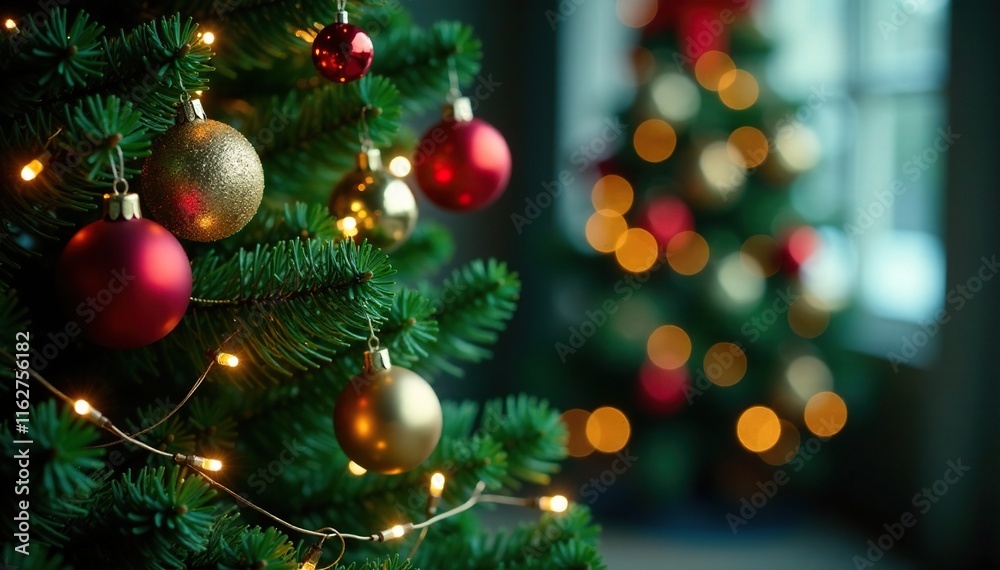 Obraz premium Festive Christmas tree with colorful ornaments and lights, holiday decor, green, bright
