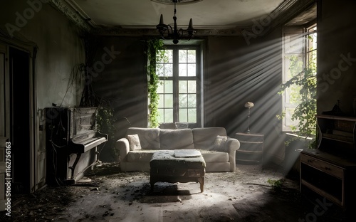 Abandoned living room interior with a piano