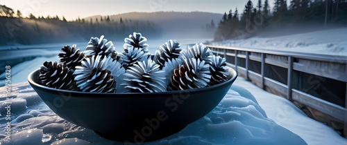 Frosted pinecones arranged in a bowl atop a frost covered bridge spanning a frozen stream featuring intricate frost patterns on glass photo