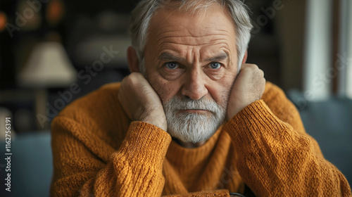 Lonely senior man looking depressed at home, elderly retired person feeling sad, unhappy widower portrait in living room