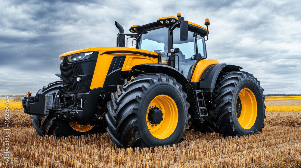 Obraz premium A large yellow tractor is seen plowing through a wide-open agricultural field. The landscape features harvested crops, with dark clouds looming overhead, suggesting a change in weather
