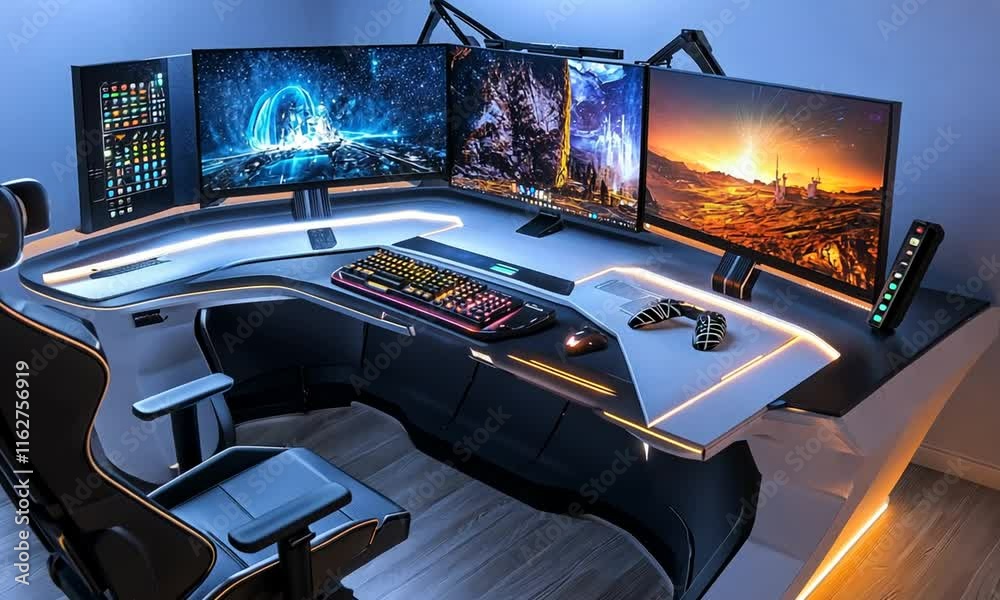A modern gaming setup featuring multiple monitors and an ergonomic chair.