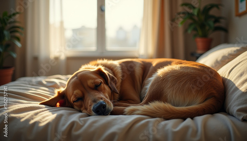 Cozy golden retriever peacefully napping in sunlight on a soft bed with a calming atmosphere