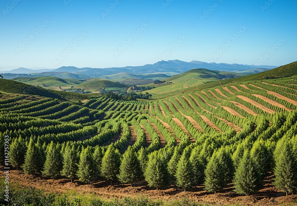 Scenic Hillside Rows of Lush Green Trees Plantation in Mountainous Landscape Scenic Hillside Rows of Lush Green Trees Plantation in Mountainous Landscape