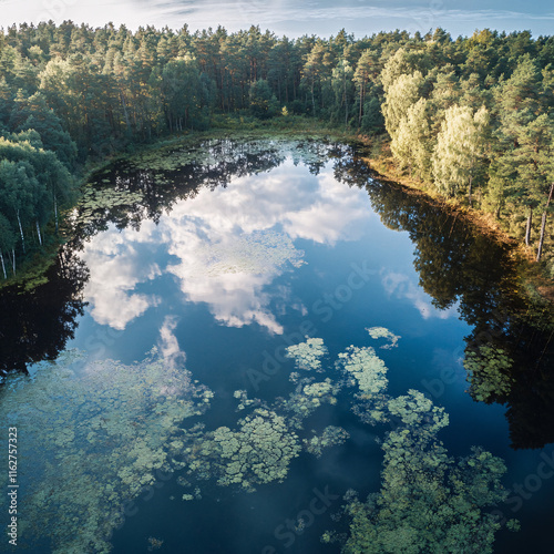 Aerial View of a Tranquil Forest Lake Surrounded by Lush Greenery and Winding Paths, Showcasing Nature’s Scenic Beauty photo