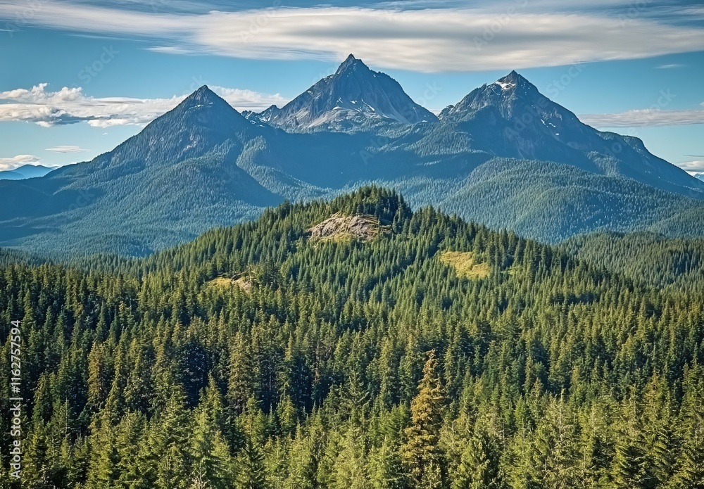 Obraz premium Majestic Mountain Range with Lush Evergreen Forest