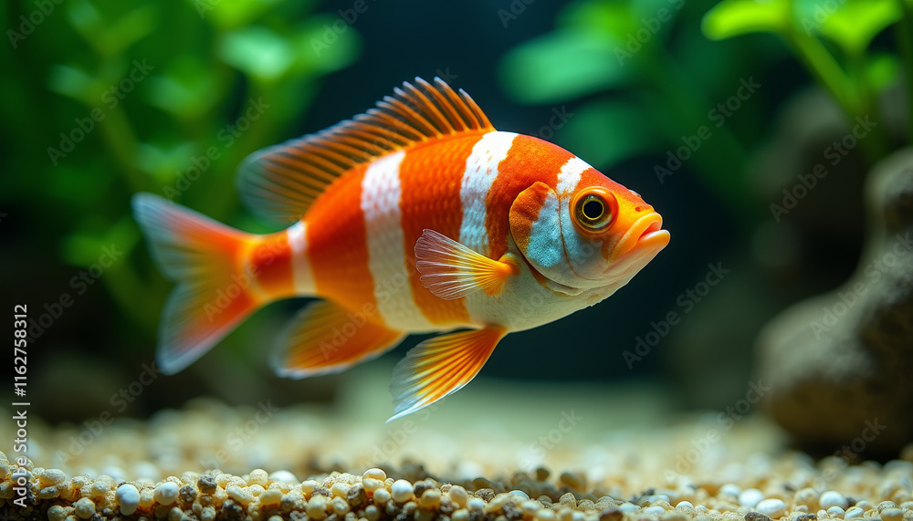Fototapeta premium Colorful fish swimming gracefully among pebbles and greenery in a serene aquatic environment