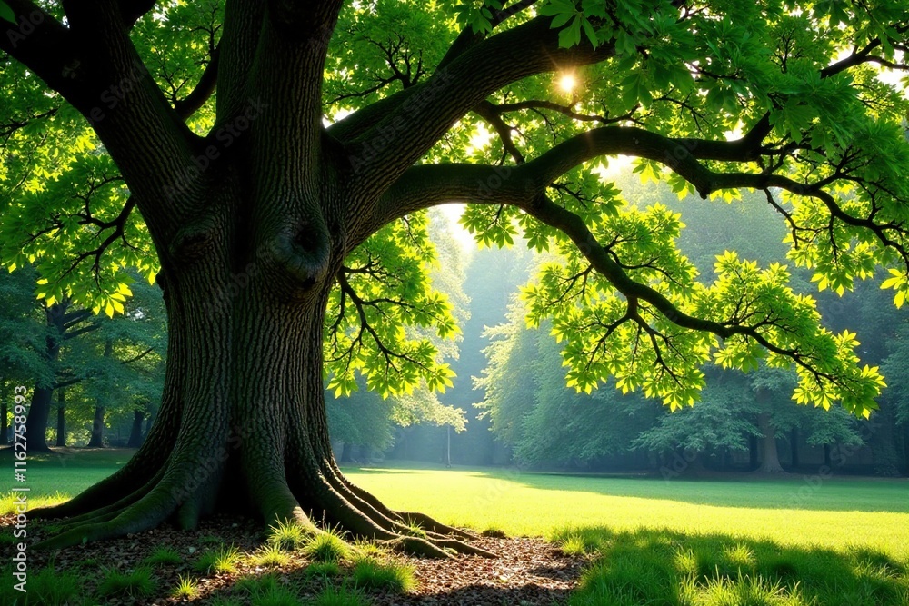 Fototapeta premium Mature oak tree in a forest with sunlight filtering through leaves, forest, trees
