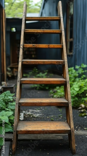 Vintage bookstore ambiance Rustic wooden ladder for reaching