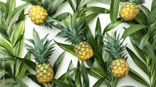 Flat lay of pineapples and tropical leaves on white background. photo