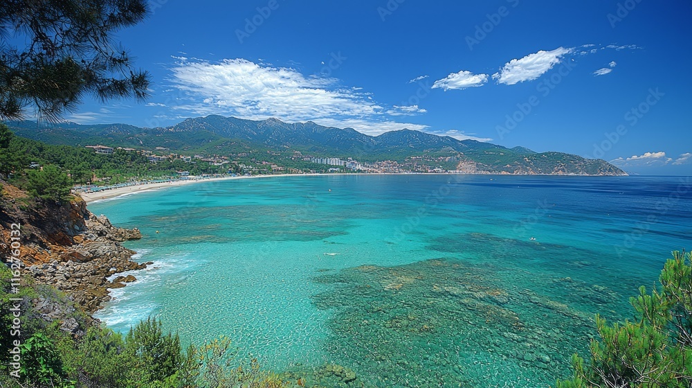 Fototapeta premium Stunning panoramic view of a turquoise coastal beach with clear water, mountains, and lush greenery under a bright sunny sky.