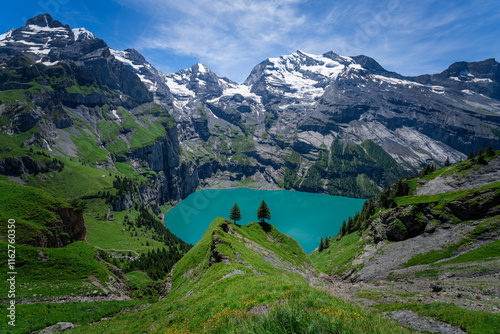 Panorama trail, Oeschinensee valley, Swiss Alps, Switzerland