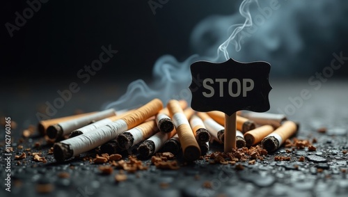 Cigarettes With a Stop Sign Emphasizing the Dangers of Smoking and Promoting a Healthier Lifestyle. Generative AI photo