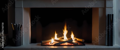 Freshly sharpened pencils in a minimalist holder beside a crackling fireplace with a hint of frost clinging to the surfaces photo
