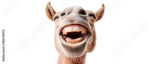 portrait of funny smiling donkey head isolated on white background; teeth focus
