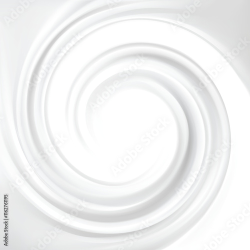 Luxury light silver color icon sign symbol design. Graphic soft shiny eddy motion rippled curvy sour kefir shape. Ring plaster volute spray pattern surface. Closeup view text space in glowing center