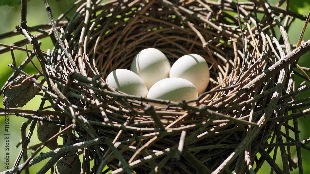 A natural bird's nest holding four white eggs, set among branches and illuminated by sunlight, creating a serene outdoor scene