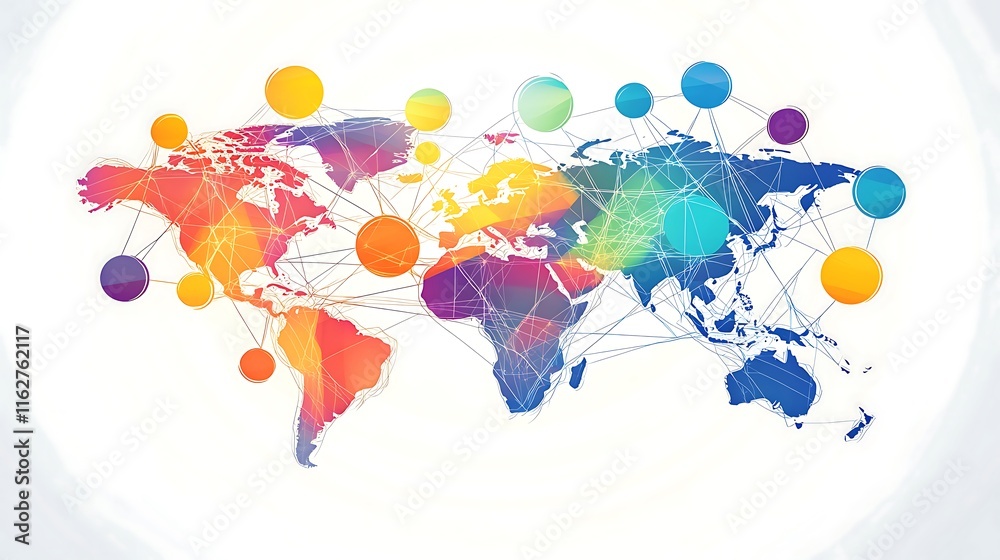 Fototapeta premium Global network connection, colorful world map with interconnected nodes.