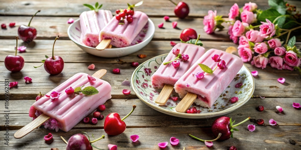 Naklejka premium Vintage Cherry Yogurt Pops with Rose Petals - A Delicious Treat for Summer Fun, Sweet Dessert Ideas, Refreshing Flavor, Aesthetic Food Photography