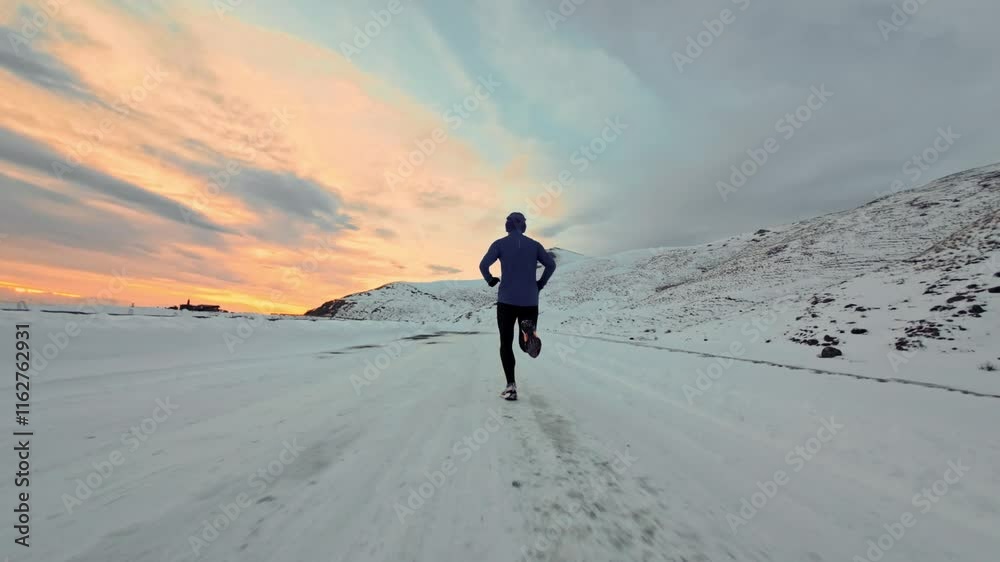 Aerial view from FPV drone of athletic man in sportswear running in mountain valley on snowy road with mountains in background in winter at sunset. Sports drone view of professional runner Aerial view from FPV drone of athletic man in sportswear running in mountain valley on snowy road with mountains in background in winter at sunset. Sports drone view of professional runner