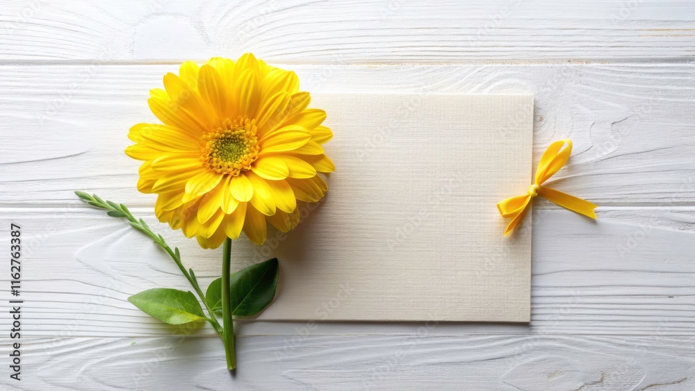 Obraz premium Vintage Style Greeting Card with Yellow Flower on White Background for Spring and Summer Celebrations, Perfect for Weddings and Birthdays, Top View Composition with Copy Space