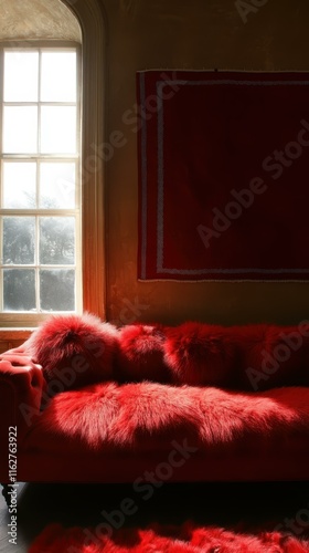 Cozy winter interiors Hand-stitched tapestries hanging on walls photo