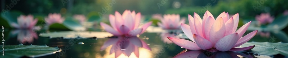 Soft focus lotus flowers in a serene lake with blended colors, blooming, reflections, serene Soft focus lotus flowers in a serene lake with blended colors, blooming, reflections, serene