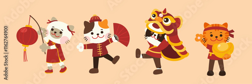 Chinese New Year Festival with Lucky Cat Character With Red and Gold Elements, and Traditional Symbols for Holiday Celebrations, Vector, Illustration